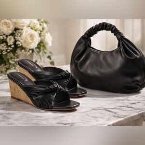 Both New ..Chic Black Accessory Bundle – Wedge Sandals + Ruched Handbag
